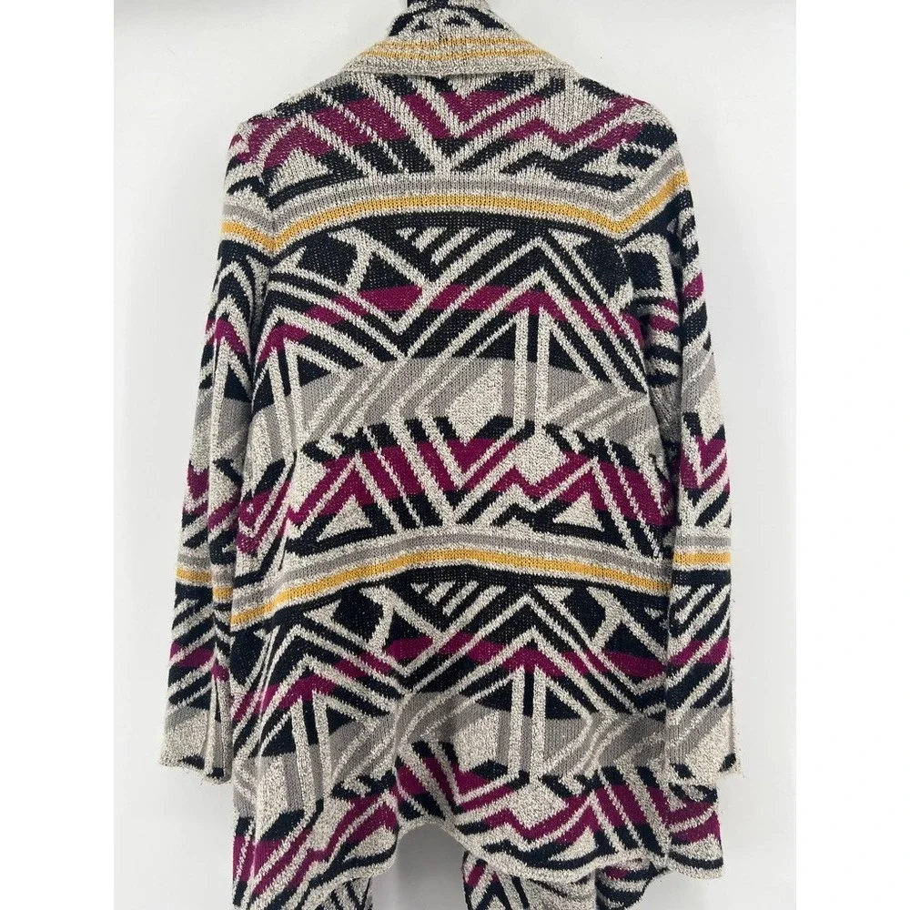 Lucky Brand Women Geometric Tribal Open Front Waterfall Cardigan Sweater Grey S